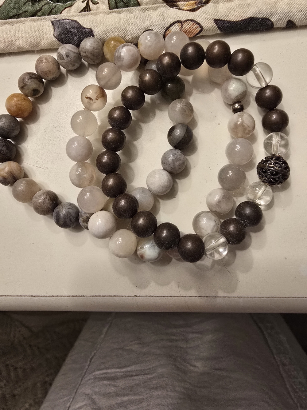 Natural Agate and Copper Beaded Stretch Bracelet Set - Neutral Tones